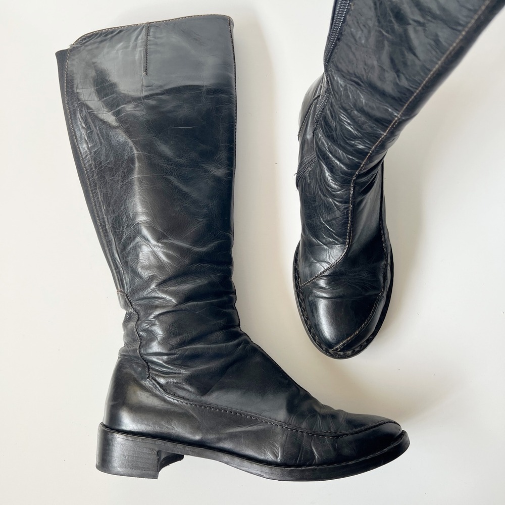 Vintage 90s Italian Black Leather Boots Tall Riding Zip Knee High Flat Sole Chic